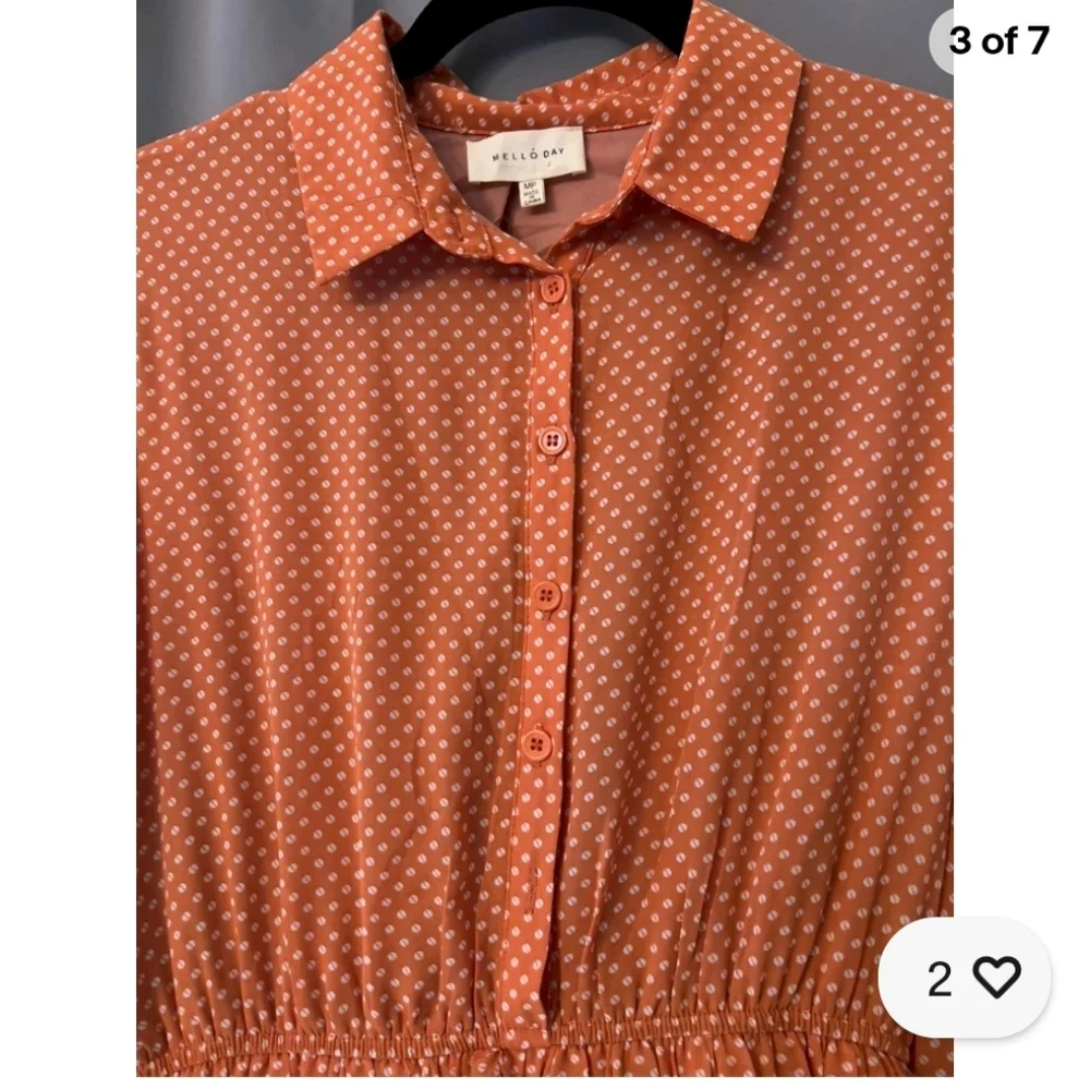 MELLO DAY Women's Orange Half Button Dotted Dress With Belt Size Large